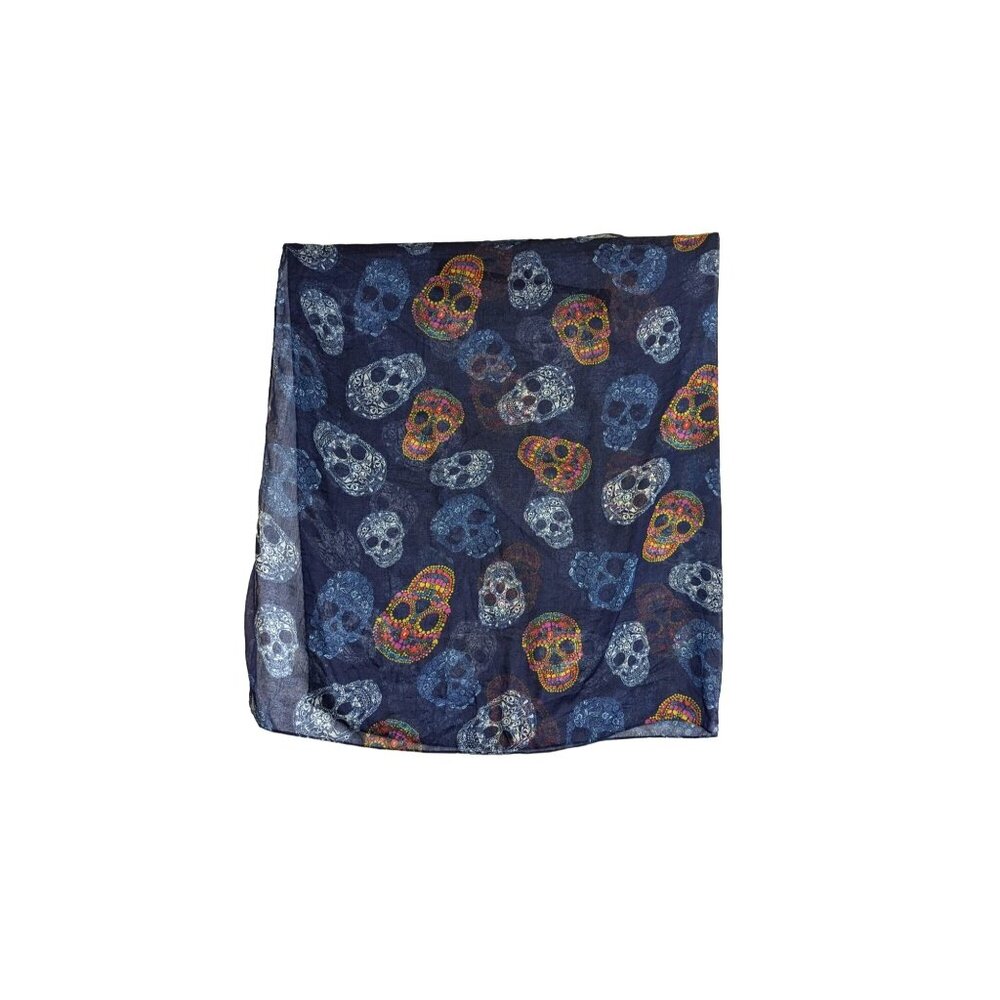 Dio De Los Muertos Sugar Skull Scarf Wrap Pashmina - 39"x70" Blue